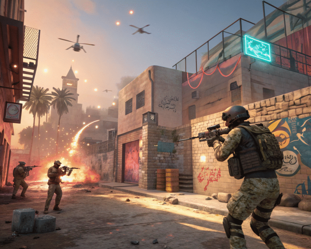 مشهد من داخل لعبة بلود سترايك العرب يُظهر لاعبًا يستخدم أسلحة متطورة في خريطة حضرية
